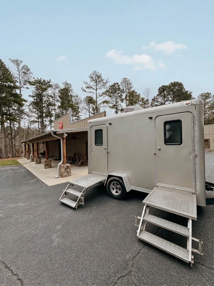 Augusta VIPee restroom trailer on a paved lot, steps lowered and ready for guests