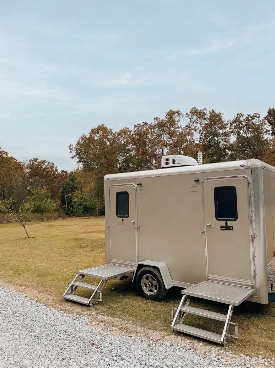 Augusta VIPee luxury restroom trailer with rooftop air conditioning on an open field event site